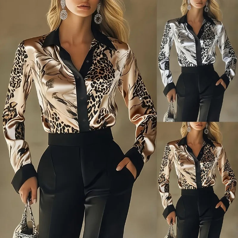 Women's Satin Leopard Print Shirt - Long Sleeve Office Blouse