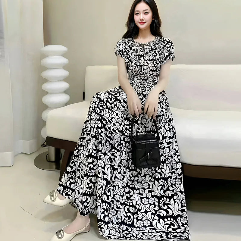 Bohemian Long Dress Summer Fashion One-Shoulder Floral Cotton Silk Elastic Waist Beach Skirt Vintage Ethnic Style Short Sleeve