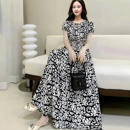 Bohemian Long Dress Summer Fashion One-Shoulder Floral Cotton Silk Elastic Waist Beach Skirt Vintage Ethnic Style Short Sleeve