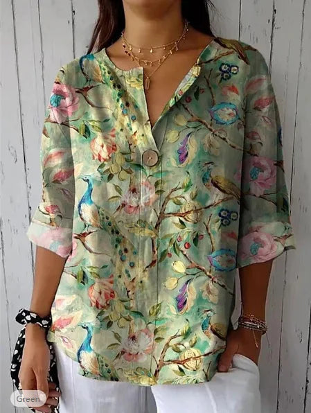 Women's Floral V-Neck Button Top - Casual Three Quarter Sleeve Blouse
