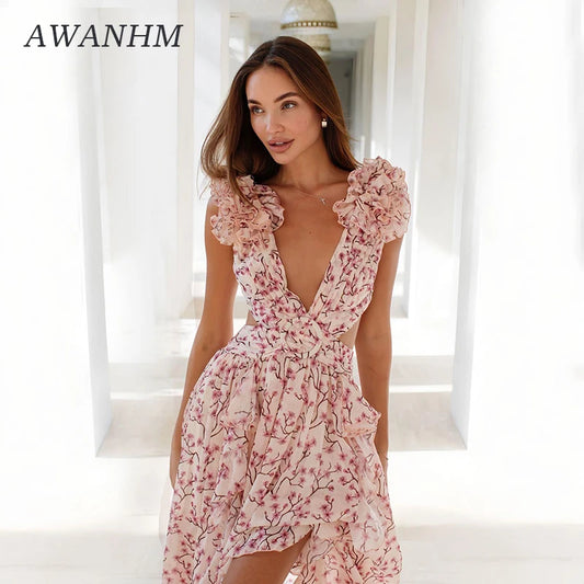Women's Floral Print V-Neck Maxi Dress - Backless Ruffled Summer Dress