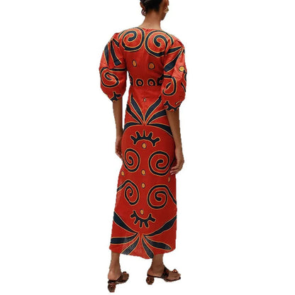Women's Linen V-Neck Maxi Dress - Printed High Waist Party Dress