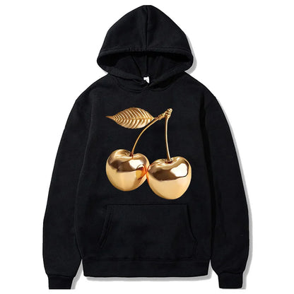 Women's Golden Cherry Print Hoodie - Vintage 90s Sweatshirt