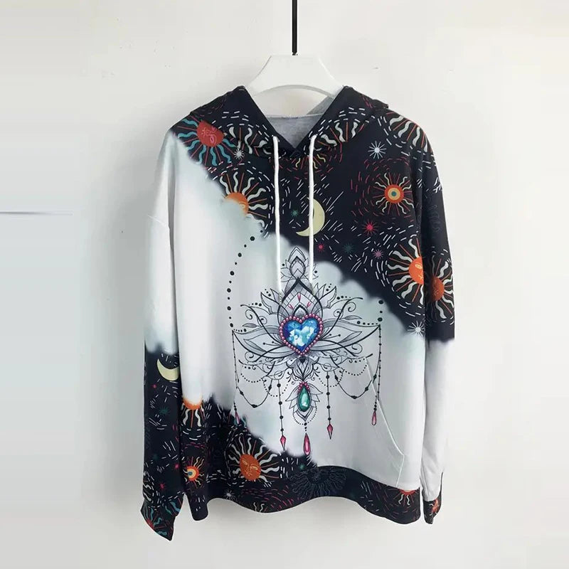 Women's Moon Print Drawstring Hoodie - Casual Long Sleeve Sweatshirt