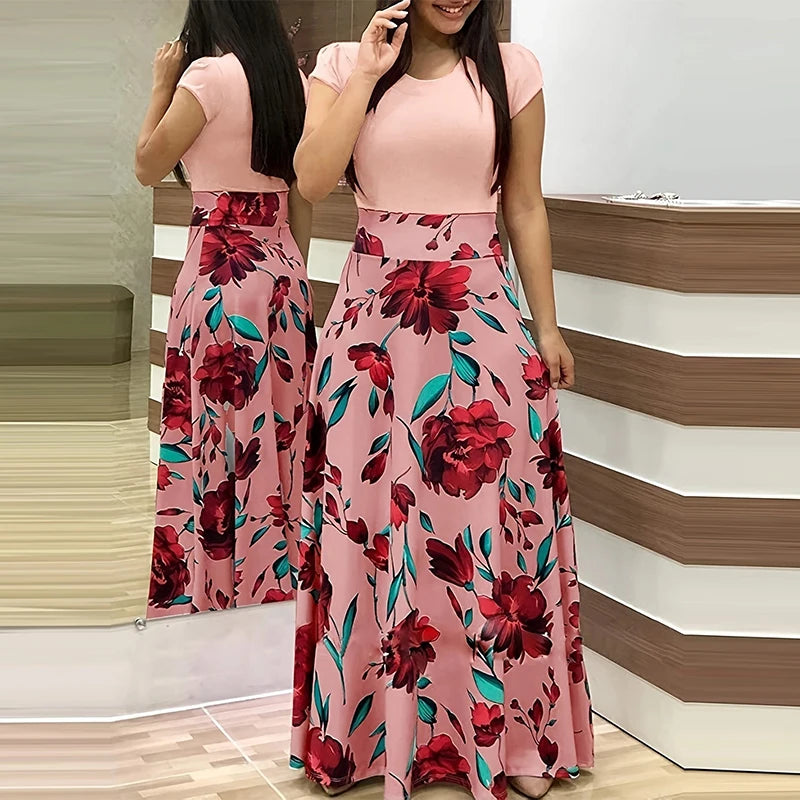 Women's Printed Crew Neck Maxi Dress - Elegant Pleated Short Sleeve Dress