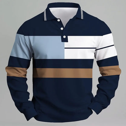 Men Color Block Long Sleeve Polo Shirt