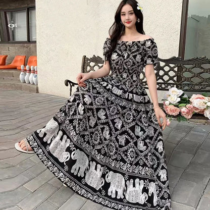 Bohemian Long Dress Summer Fashion One-Shoulder Floral Cotton Silk Elastic Waist Beach Skirt Vintage Ethnic Style Short Sleeve