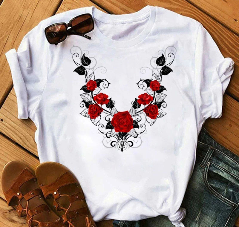 Women's 3D Rose Print T-Shirt - Casual Summer Cotton Top