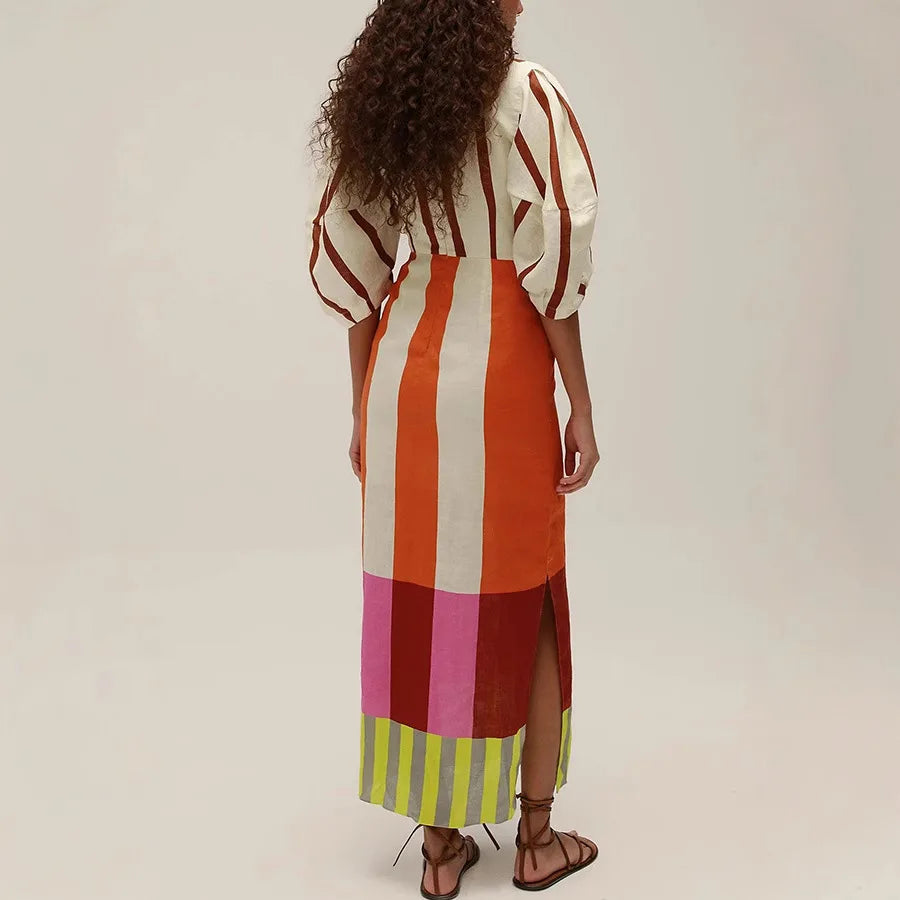 Women's Linen V-Neck Maxi Dress - Printed High Waist Party Dress