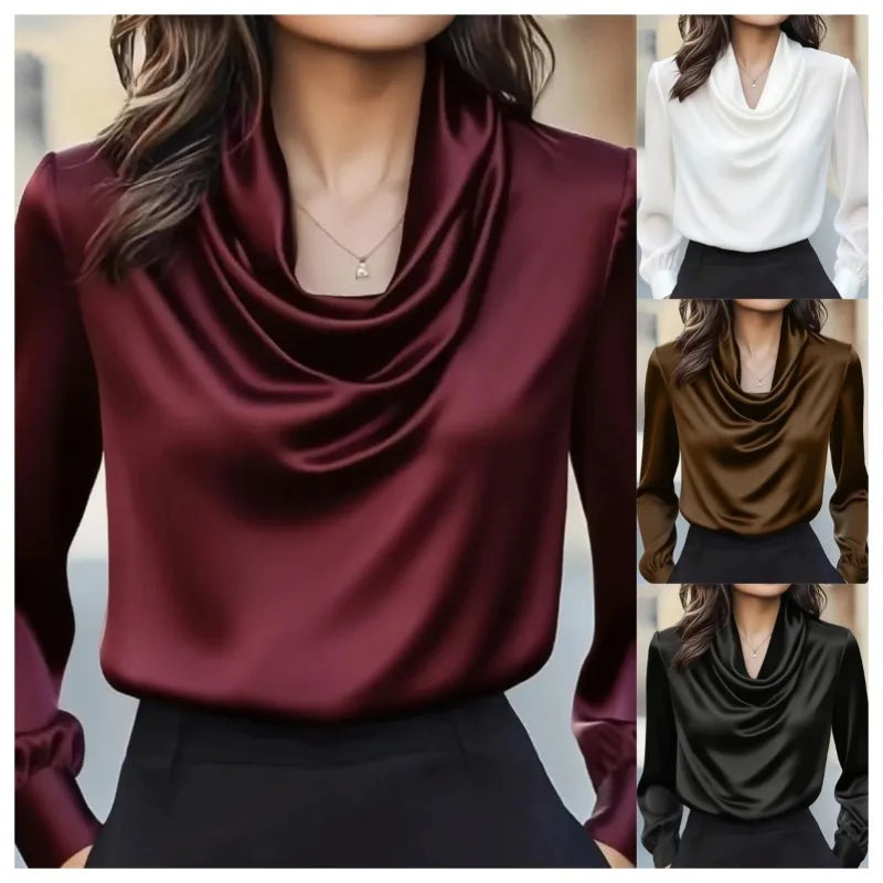 Women's Solid Color Swing Collar Shirt - Elegant Long Sleeve Blouse