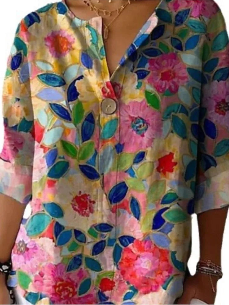 Women's Floral V-Neck Button Top - Casual Three Quarter Sleeve Blouse