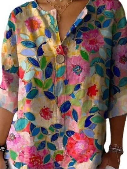 Women's Floral V-Neck Button Top - Casual Three Quarter Sleeve Blouse