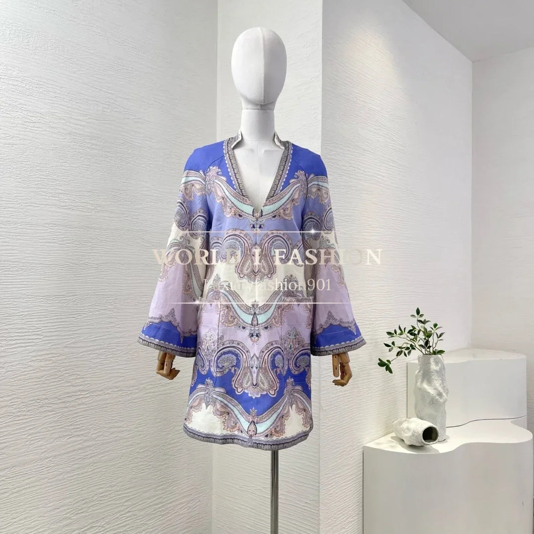 Women's Vacation Beach Style 2026 Multi Color Paisley Print Long Sleeve V-neck Mini Dress for Holiday