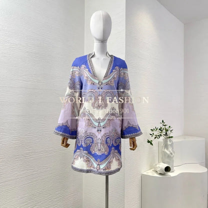 Women's Vacation Beach Style 2026 Multi Color Paisley Print Long Sleeve V-neck Mini Dress for Holiday