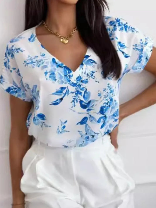 Women's Floral Print V-Neck T-Shirt - Casual Short Sleeve Top
