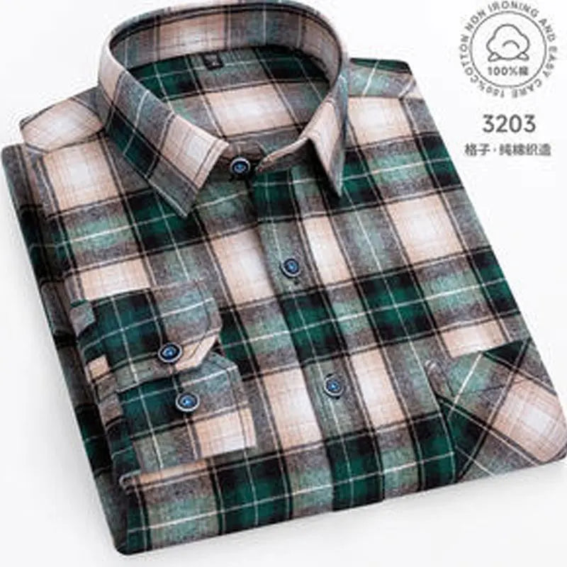 Men 100% Cotton Long Sleeve Plaid Shirt - Plus Size