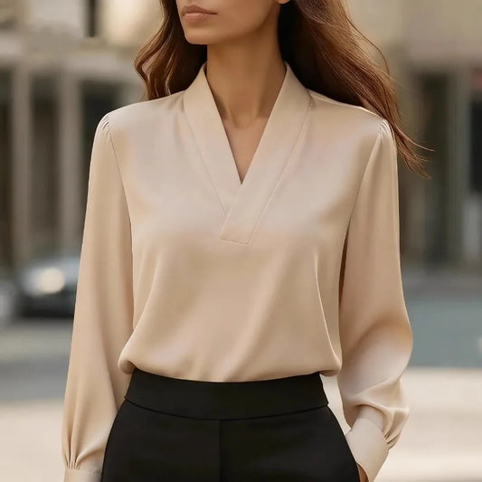 Women's Casual V-Neck Blouse - Loose Long Sleeve Office Shirt