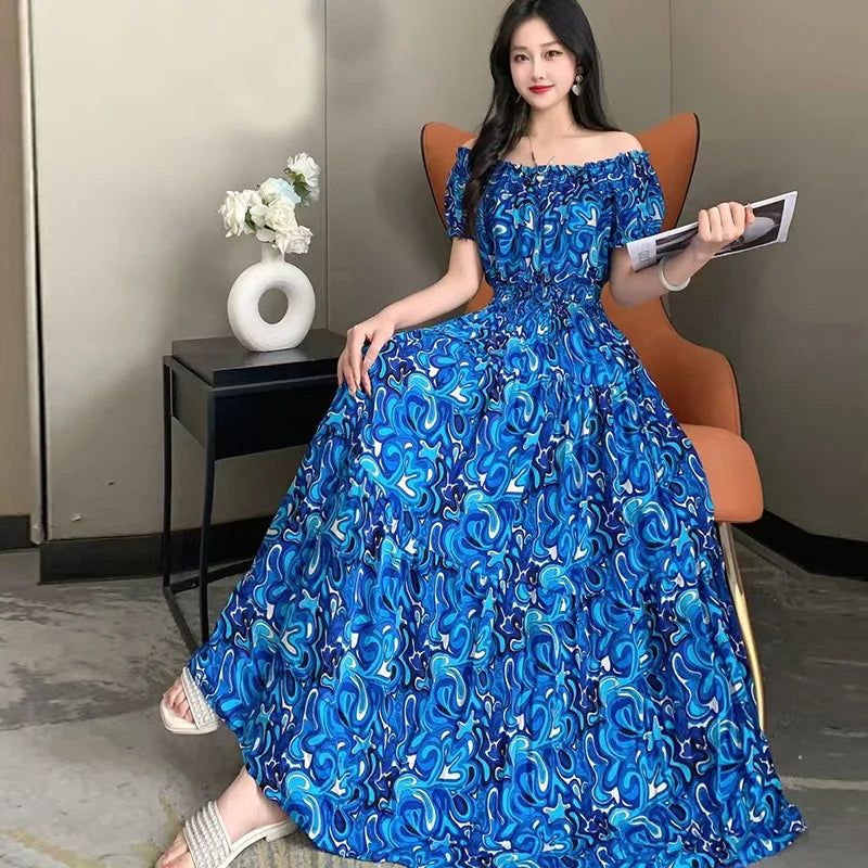 Bohemian Long Dress Summer Fashion One-Shoulder Floral Cotton Silk Elastic Waist Beach Skirt Vintage Ethnic Style Short Sleeve