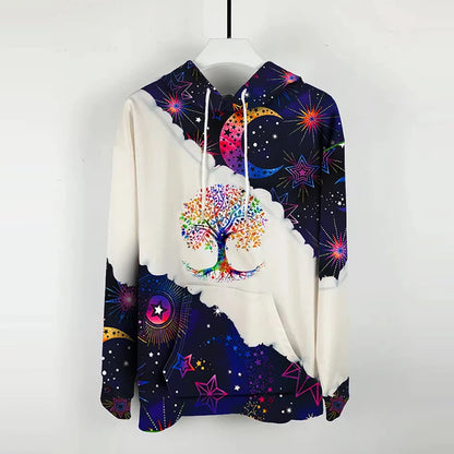 Women's Moon Print Drawstring Hoodie - Casual Long Sleeve Sweatshirt