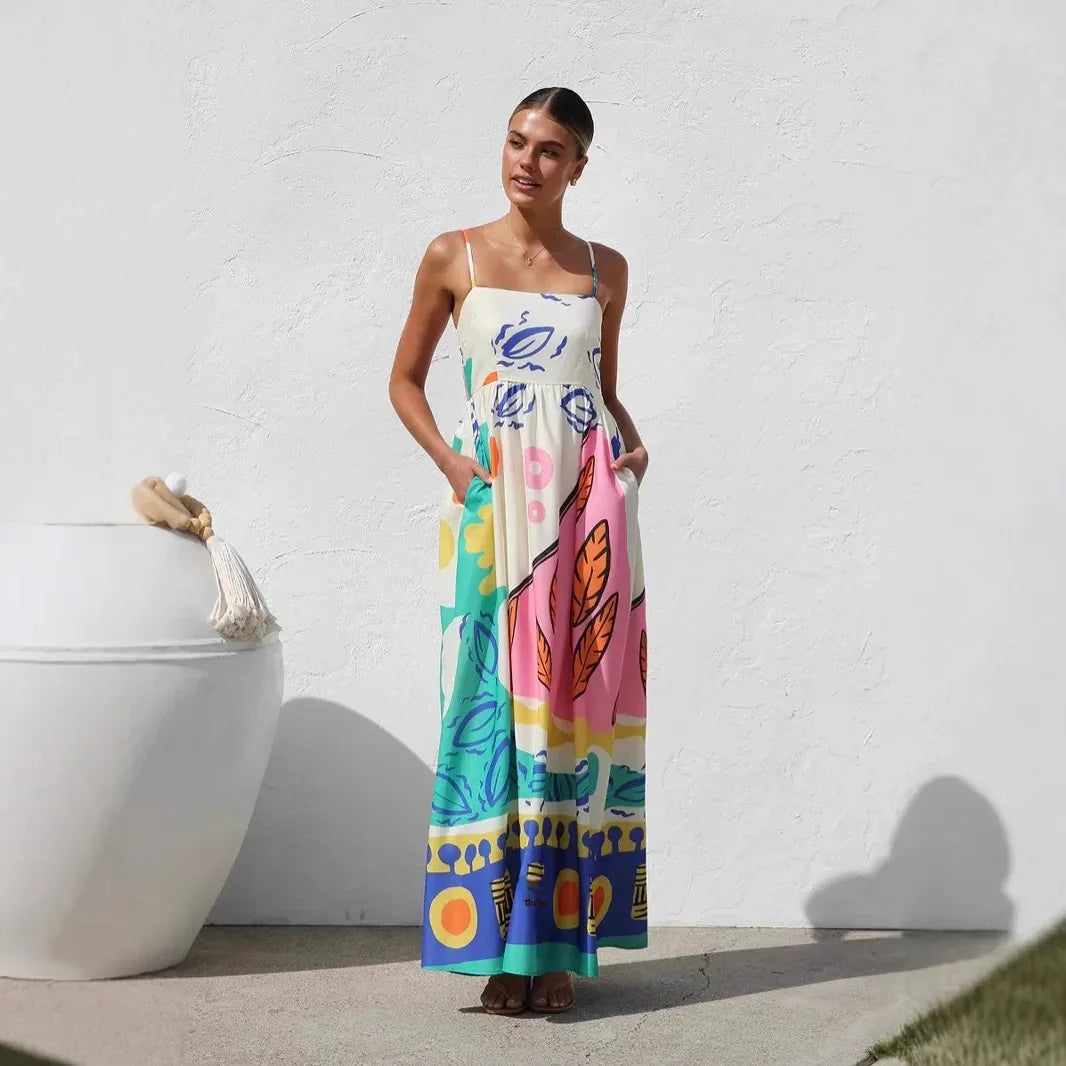 Women's Bohemian Halter Maxi Dress - Printed Beach Vacation Dress
