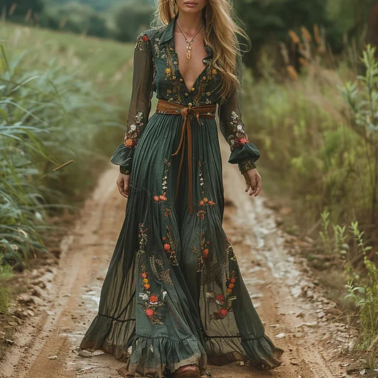 Women's Bohemian Print Beach Dress - Ethnic Vacation Maxi Dress