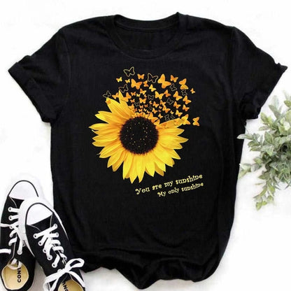 Women's Sunflower & Dragonfly Print T-Shirt - Oversized Summer Top