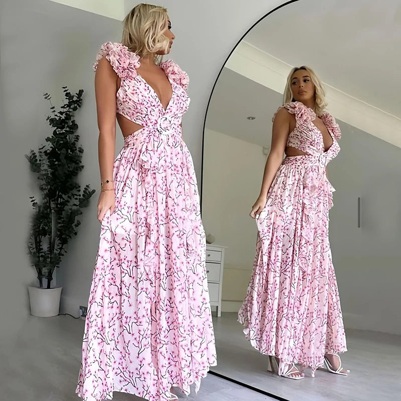 Women's Floral Print V-Neck Maxi Dress - Backless Ruffled Summer Dress