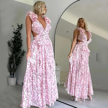 Women's Floral Print V-Neck Maxi Dress - Backless Ruffled Summer Dress