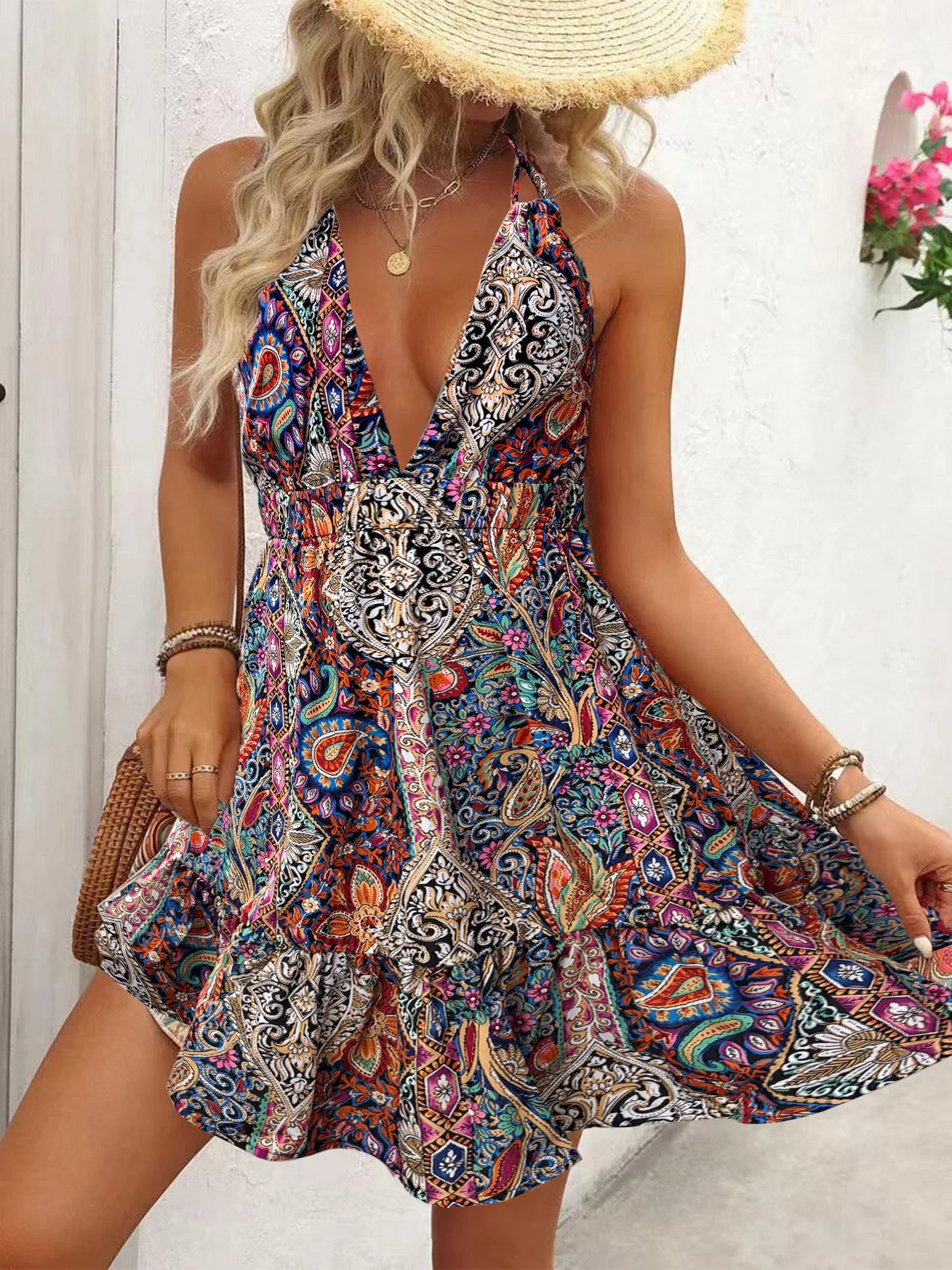 Women's Tropical Print Beach Dress - Backless Bridesmaid Dress with Belt