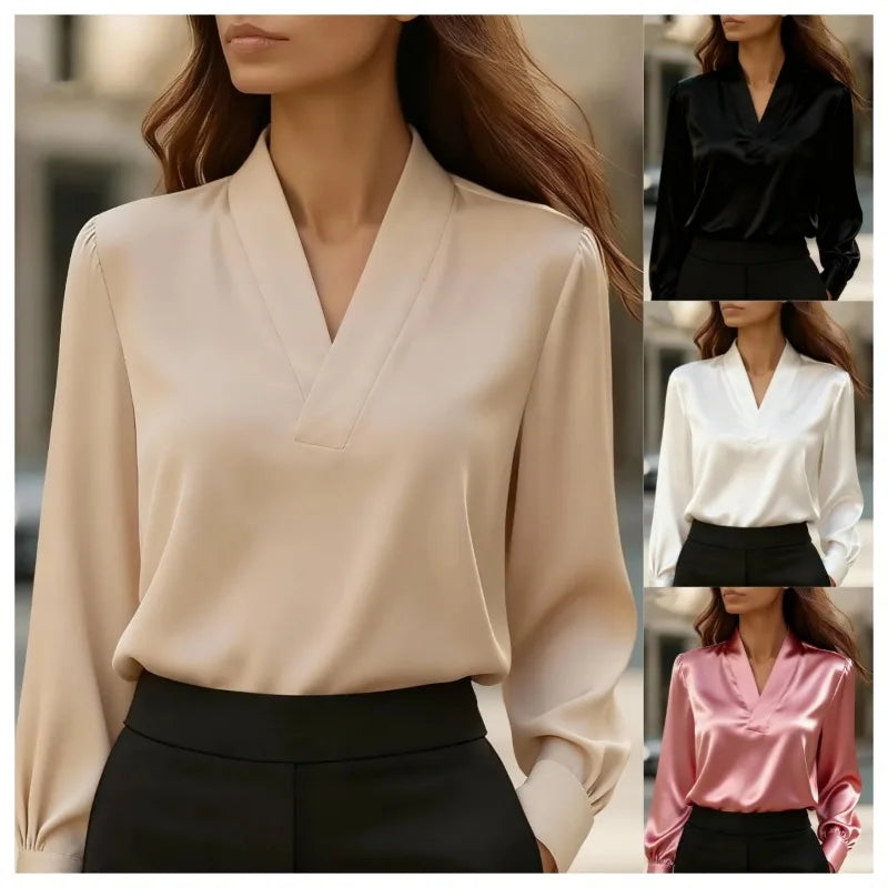 Women's Casual V-Neck Blouse - Loose Long Sleeve Office Shirt