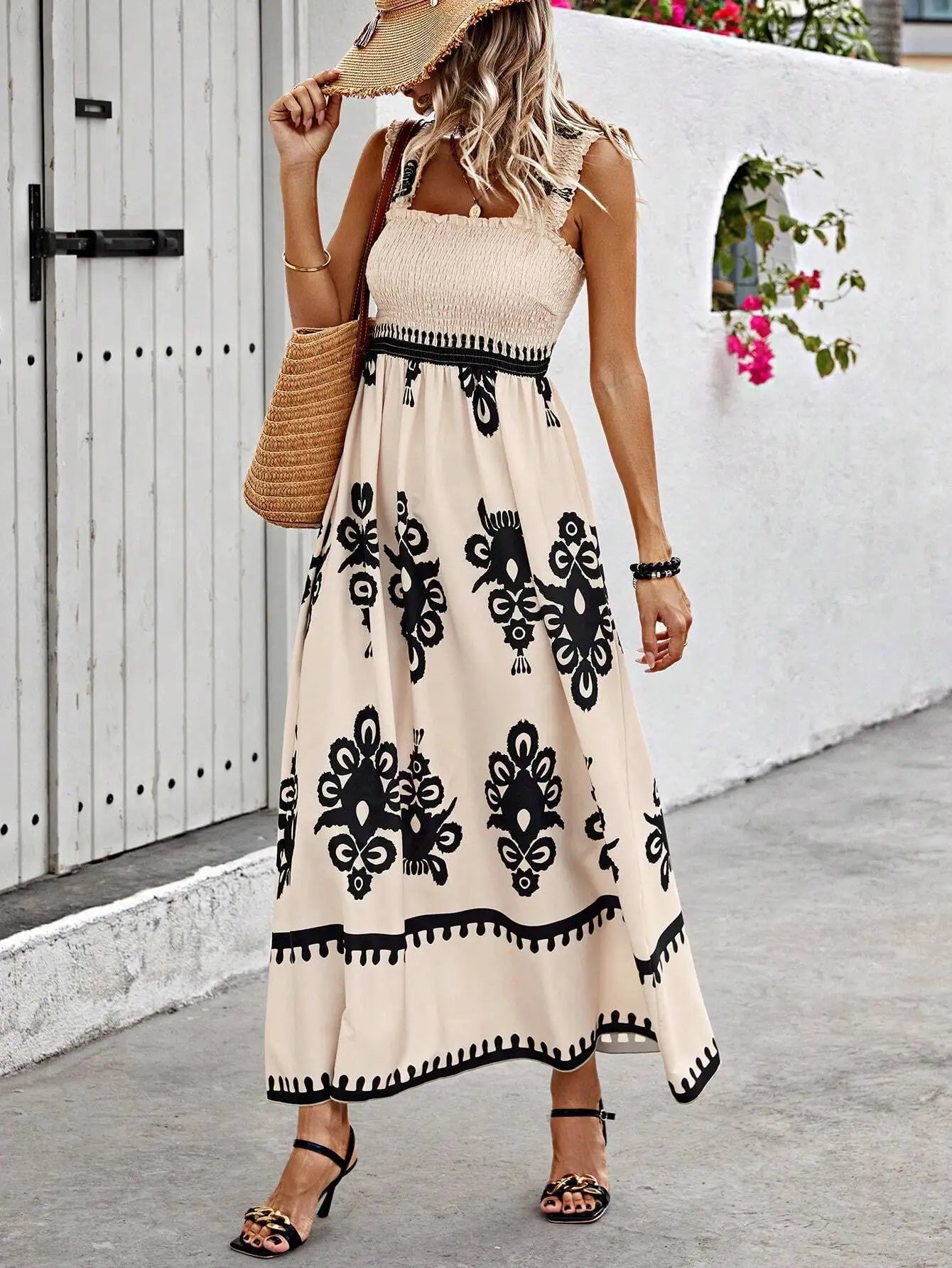 Women's Ethnic Print Sling Maxi Dress - Tropical Sleeveless Summer Dress