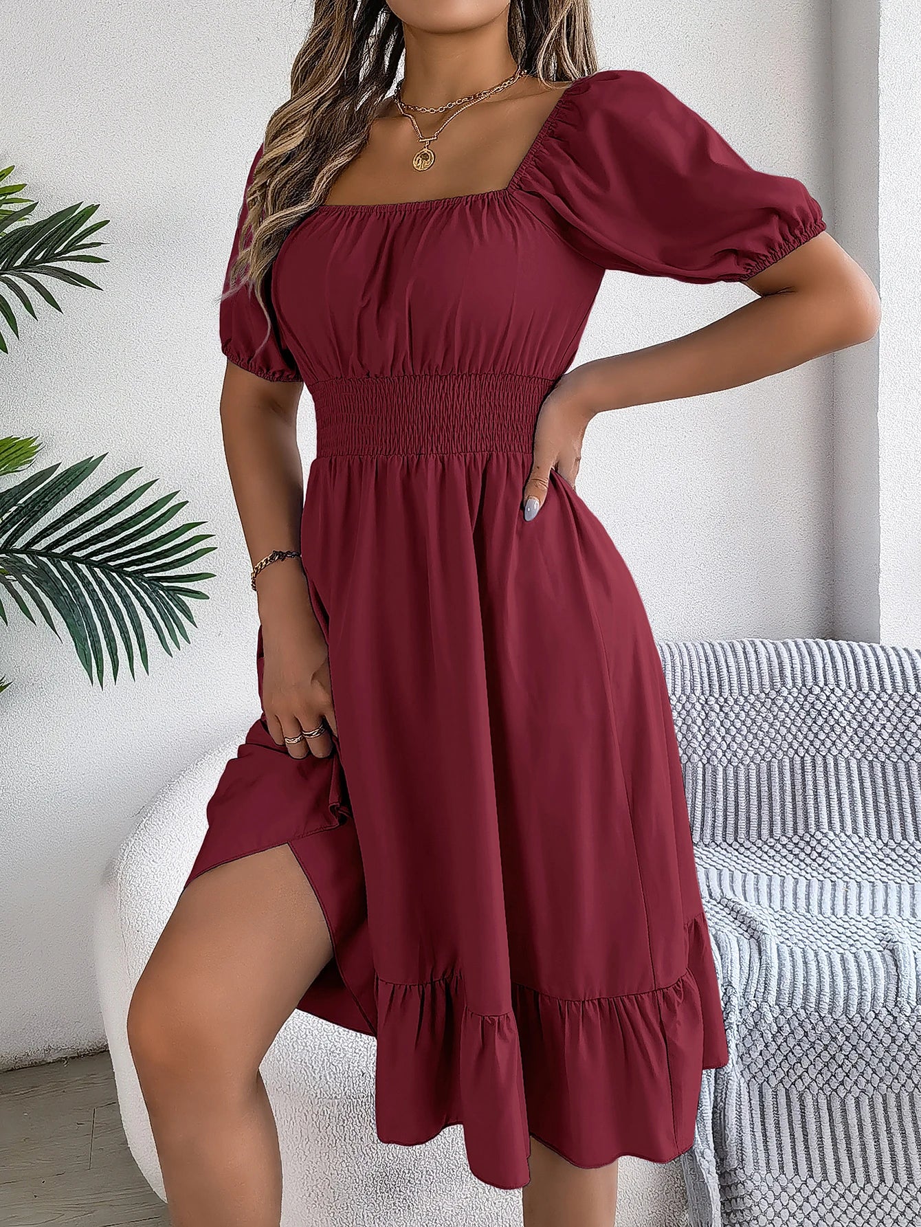 Women's Square Neck Maxi Dress - High Waist Ruffled Short Sleeve Dress