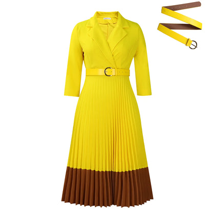 Women's Pleated Midi Dress - High Waist Belt Office Dress