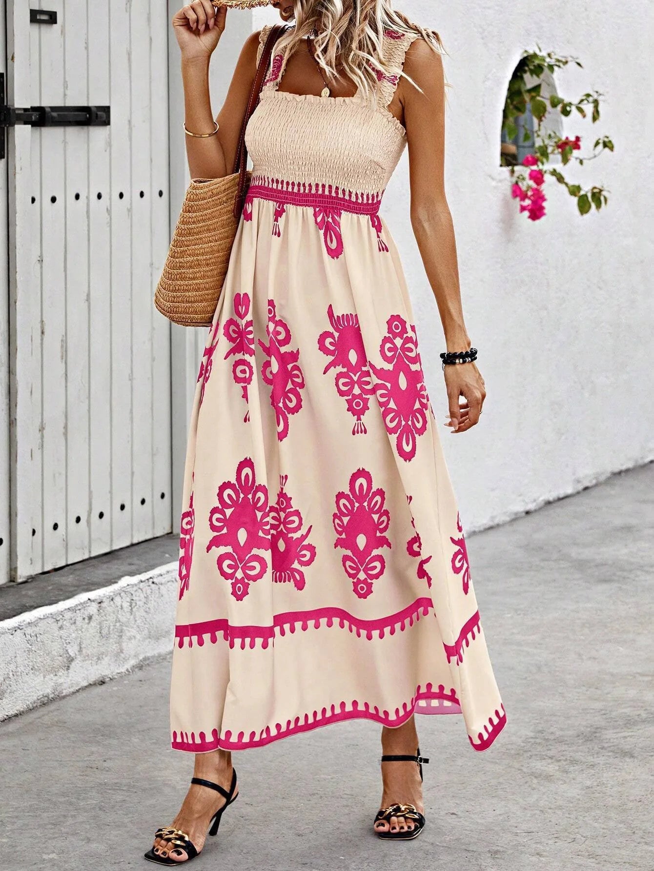 Women's Ethnic Print Sling Maxi Dress - Tropical Sleeveless Summer Dress