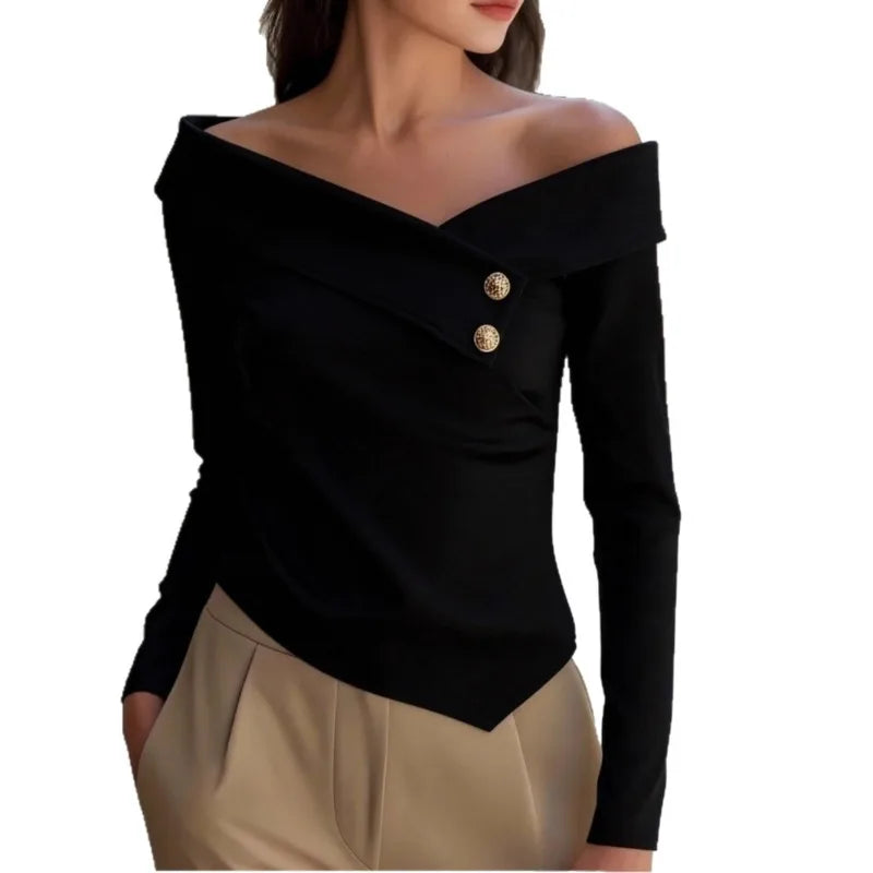 Women's Off-Shoulder Asymmetric Blouse - Slim Fit Long Sleeve Top