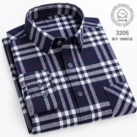 Men 100% Cotton Long Sleeve Plaid Shirt - Plus Size