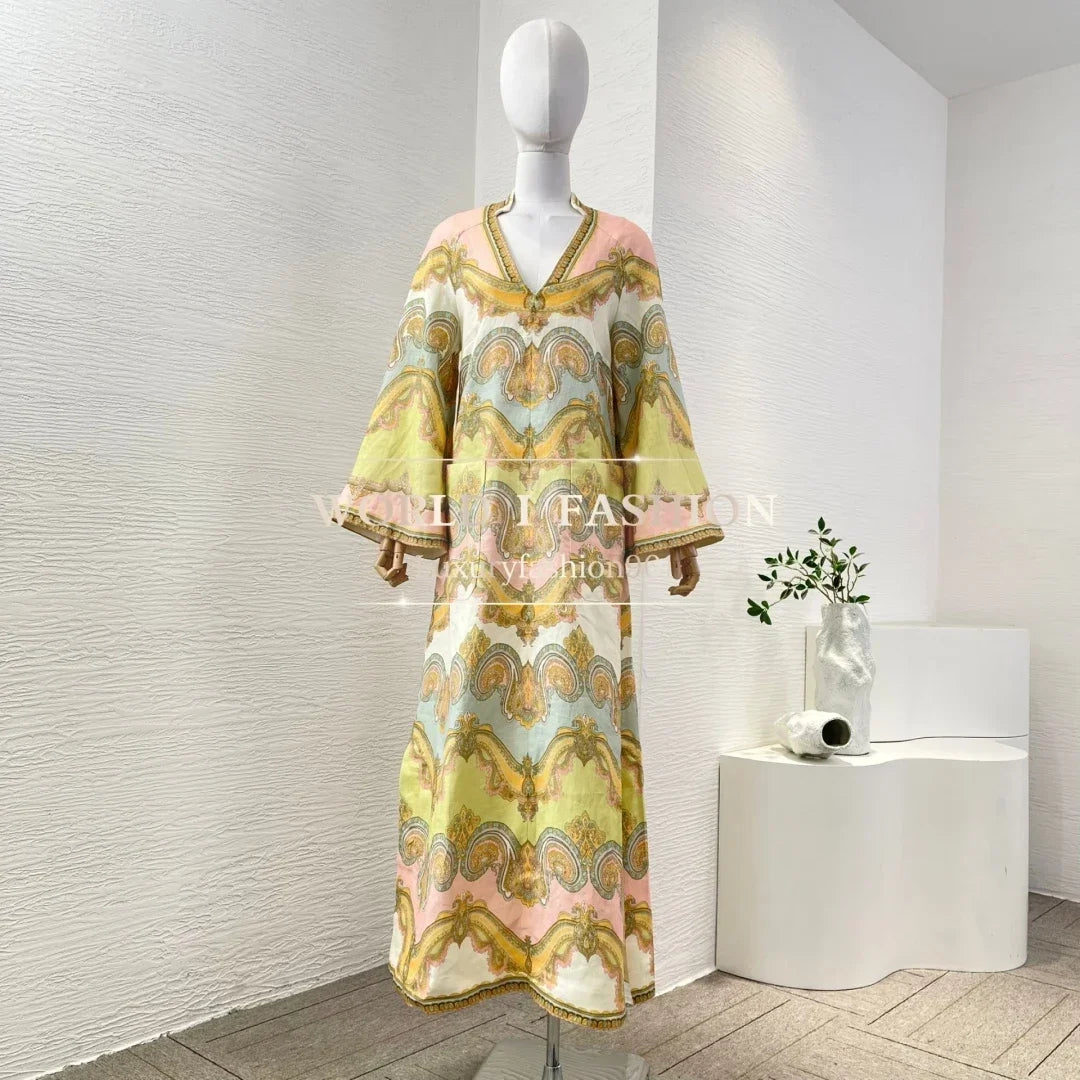 Women's Vacation Beach Style 2026 Multi Color Paisley Print Long Sleeve V-neck Mini Dress for Holiday