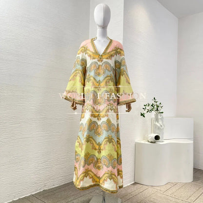 Women's Vacation Beach Style 2026 Multi Color Paisley Print Long Sleeve V-neck Mini Dress for Holiday