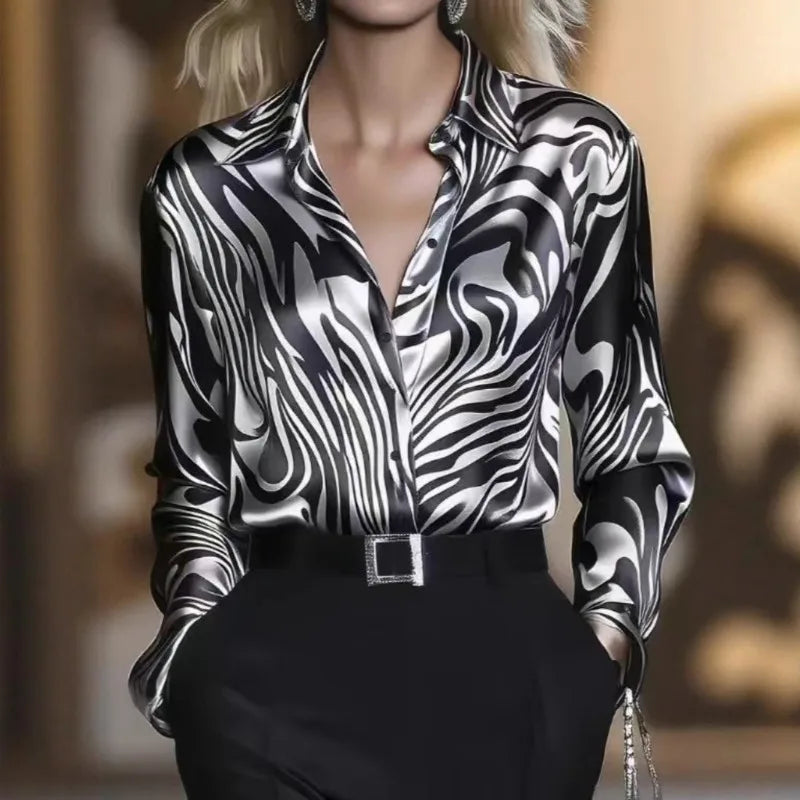 Women's Zebra Print Satin Shirt - Elegant Long Sleeve Office Blouse