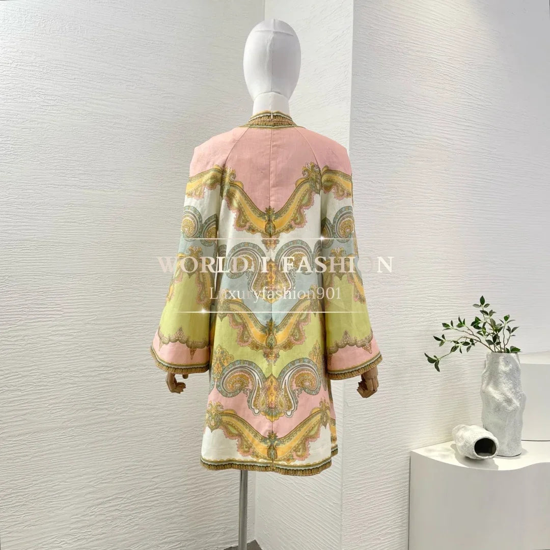 Women's Vacation Beach Style 2026 Multi Color Paisley Print Long Sleeve V-neck Mini Dress for Holiday