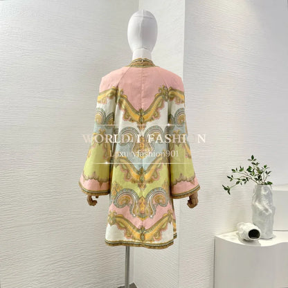 Women's Vacation Beach Style 2026 Multi Color Paisley Print Long Sleeve V-neck Mini Dress for Holiday
