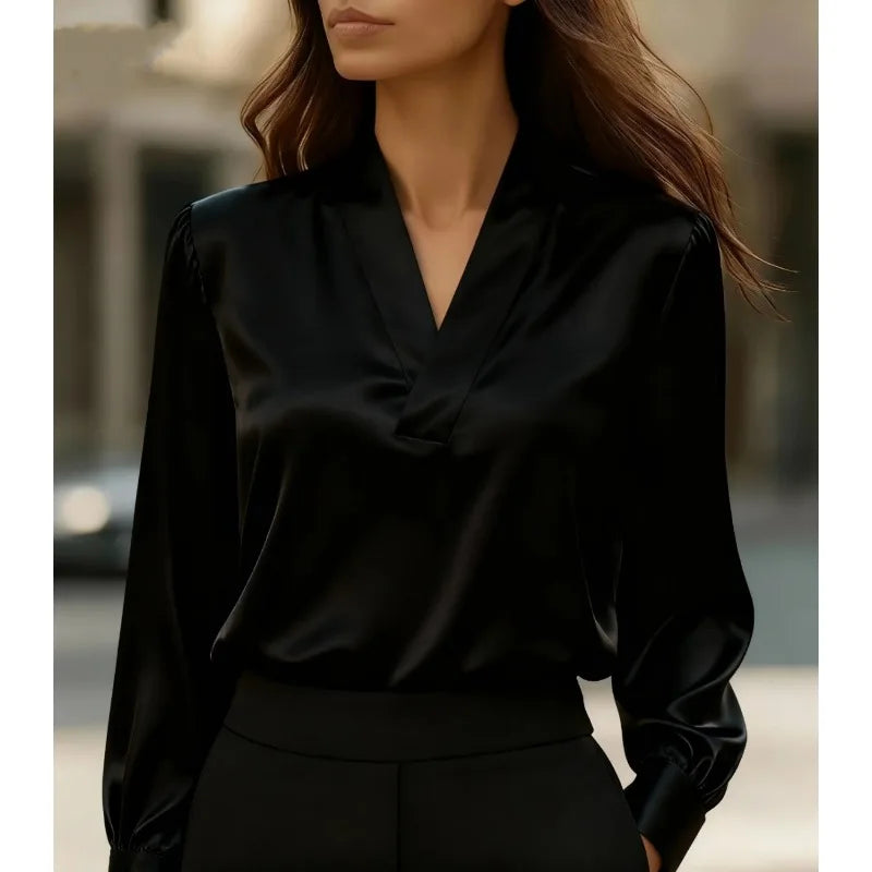 Women's Casual V-Neck Blouse - Loose Long Sleeve Office Shirt