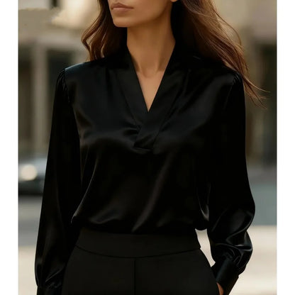 Women's Casual V-Neck Blouse - Loose Long Sleeve Office Shirt
