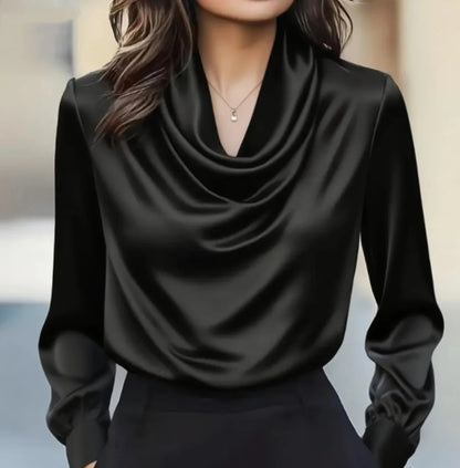 Women's Solid Color Swing Collar Shirt - Elegant Long Sleeve Blouse