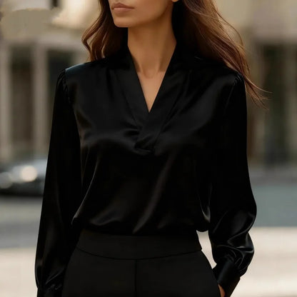 Women's Casual V-Neck Blouse - Loose Long Sleeve Office Shirt