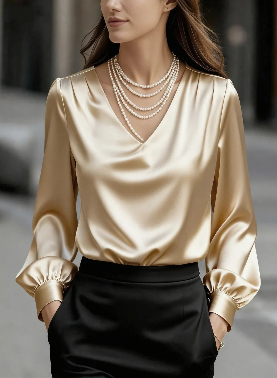 Women's V-Neck Puff Sleeve Satin Shirt - Loose Work Blouse