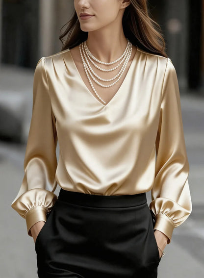 Women's V-Neck Puff Sleeve Satin Shirt - Loose Work Blouse