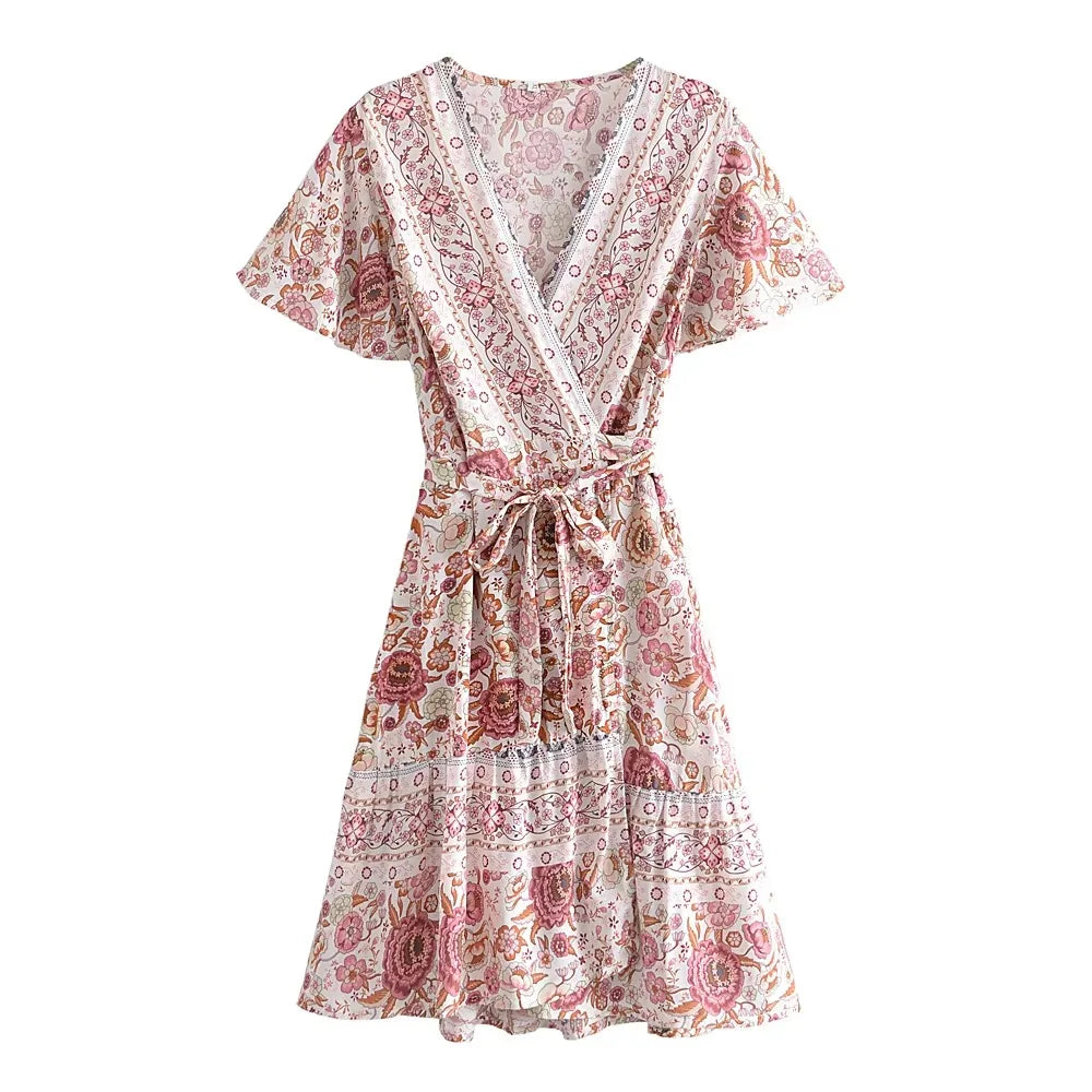 Women's Floral V-Neck Mini Dress - Short Sleeve Wrap Boho Sundress