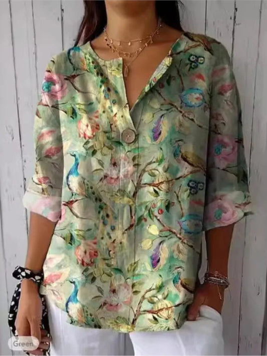 Women's Floral V-Neck Button Top - Casual Three Quarter Sleeve Blouse