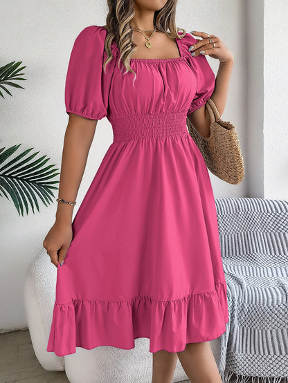 Women's Square Neck Maxi Dress - High Waist Ruffled Short Sleeve Dress